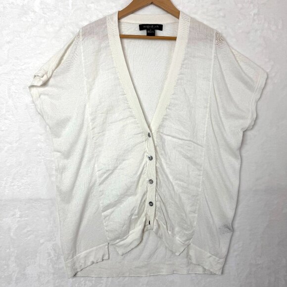 August Silk Sweater Womens M Cream Linen Blend Short Sleeve Button Front Blouse - Picture 1 of 9